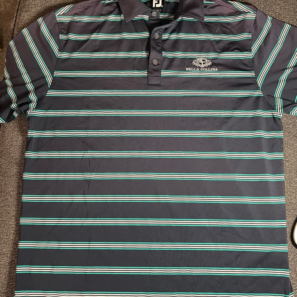 Footjoy Polo Blue With Green/White Stripes Bella Collina On Chest Men’s Size L